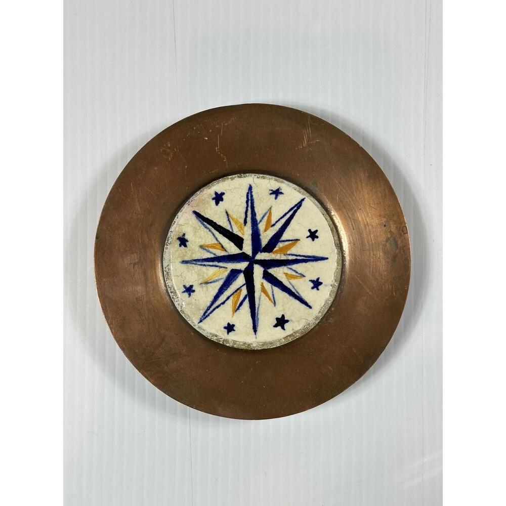 MCM Arts & Crafts Style Decorative Signed  Copper Plate 5 13/16” SIMERAC Compass
